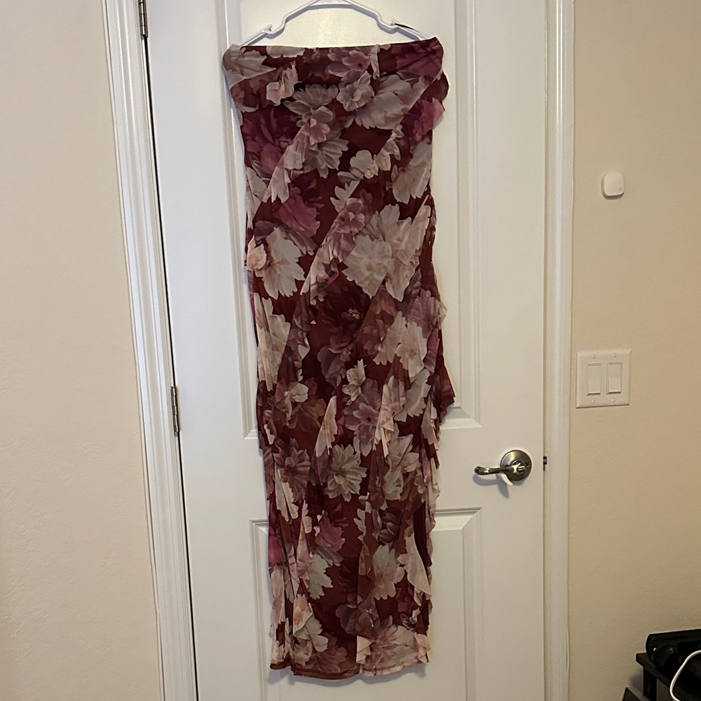 Paris Hilton Strapless Floral Dress - Burgundy and Cream